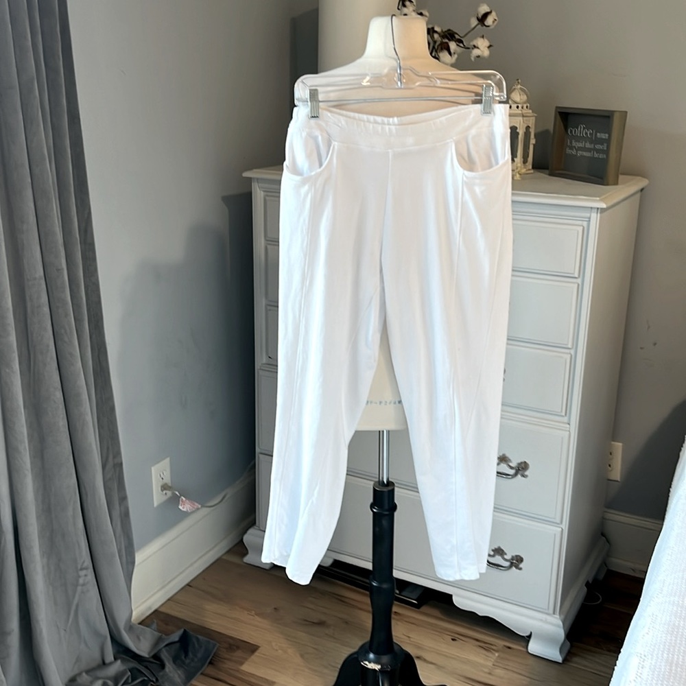 Onque Casual White Knit Pants Womens Medium Comfy Business Casual Cropped - Picture 2 of 8